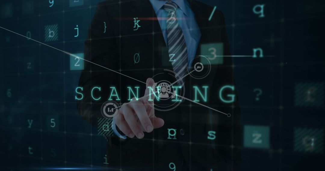 Businessman Interacting with Digital Interface for Data Scanning