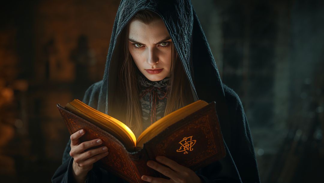 Mystical Female Mage Reading Enchanted Tome in Ancient Chamber