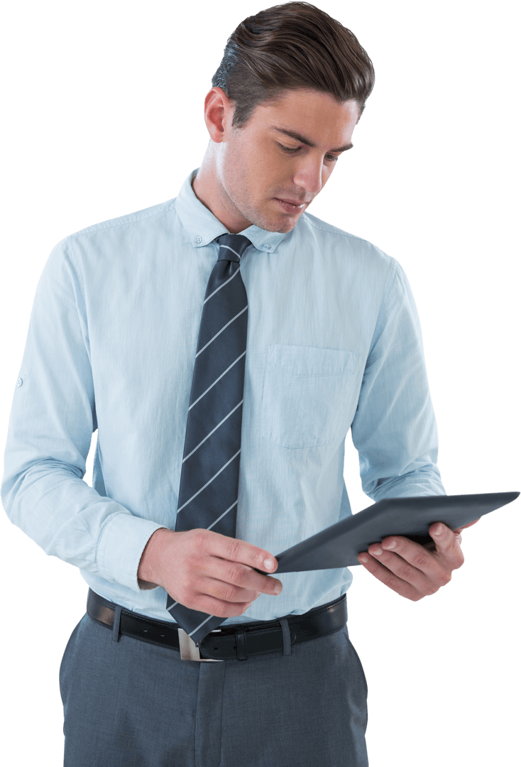 Professional Businessman Holding Digital Tablet on Transparent Background