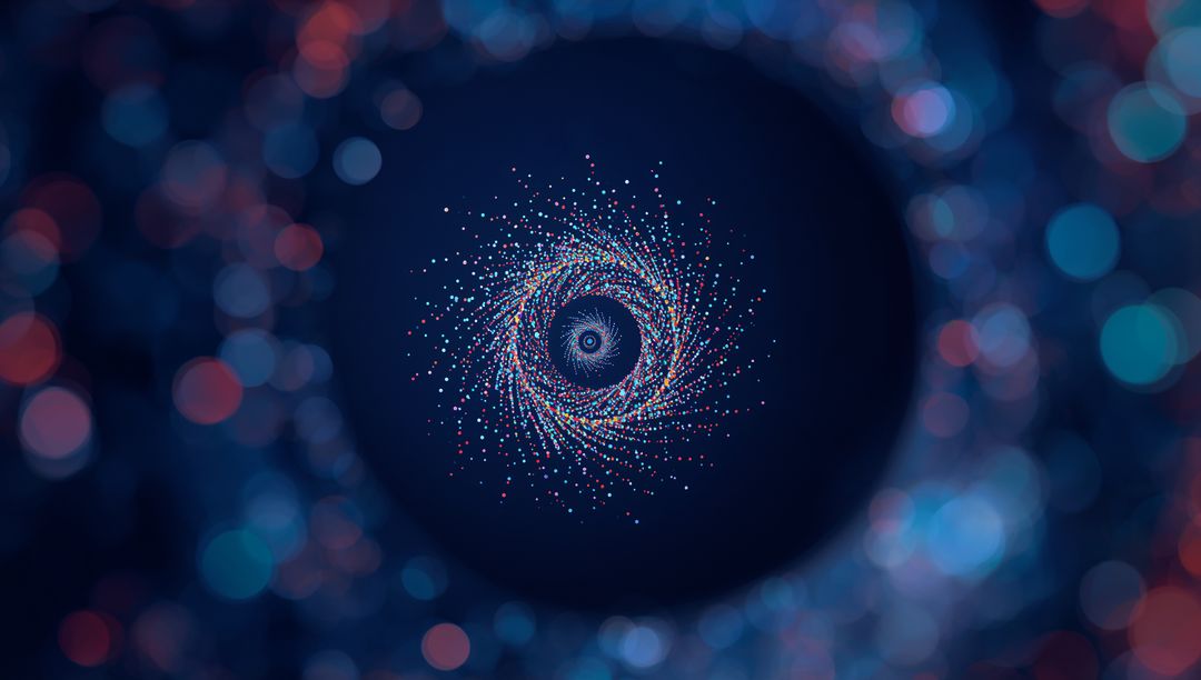 Vibrant Spiral Vortex with Multicolored Dots and Bokeh Lights