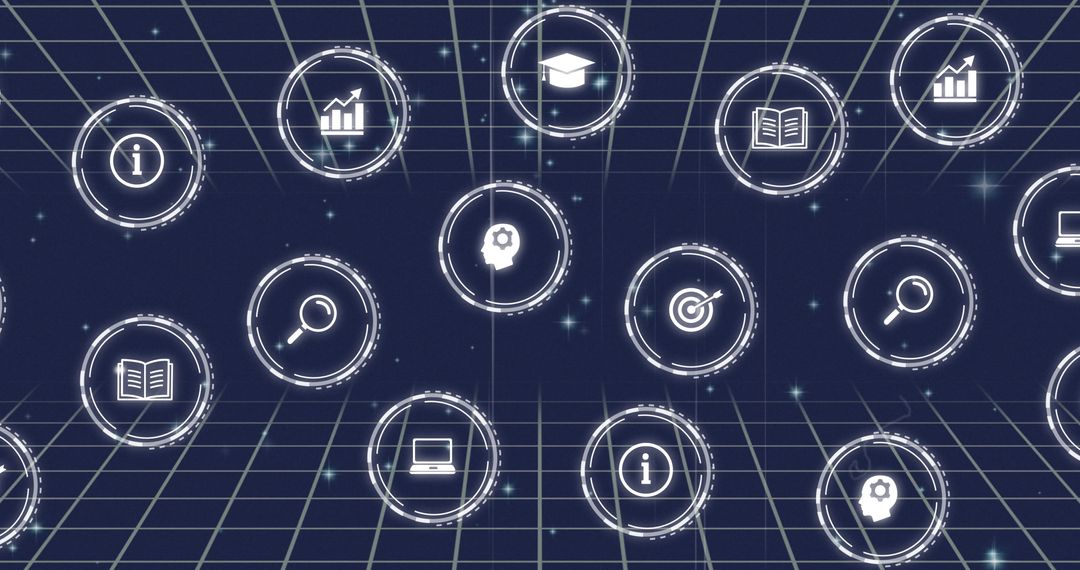 Digital Network with Data Processing Icons on Grid Background