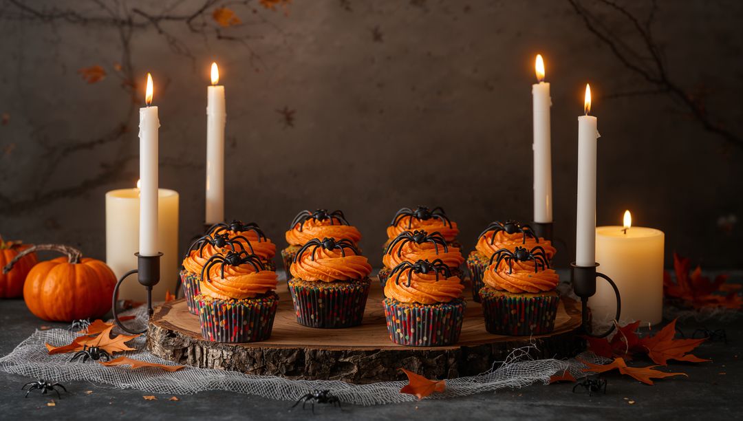 Halloween Cupcakes with Spiders on Rustic Table Display