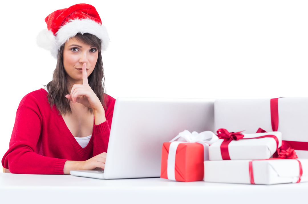 Transparent festive woman hiding Christmas gift shopping online - Download Free Stock Images Pikwizard.com