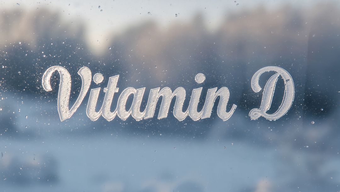 Frosted cursive lettering 'Vitamin D' on icy window with snow bokeh for winter wellness