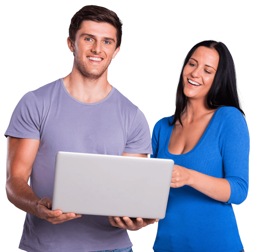 Transparent Young Couple Collaborating on Laptop