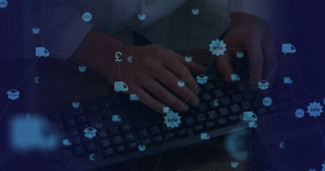 Hands Typing with Digital Sales and Cryptocurrency Icons Overlay