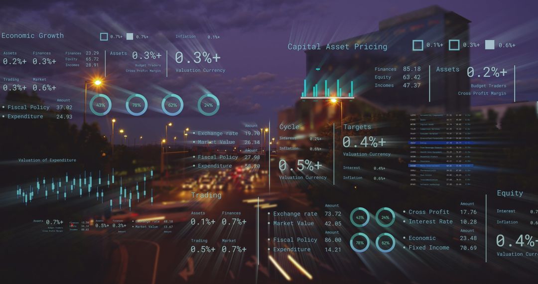 Futuristic Financial Data Overlay on Busy Cityscape at Night