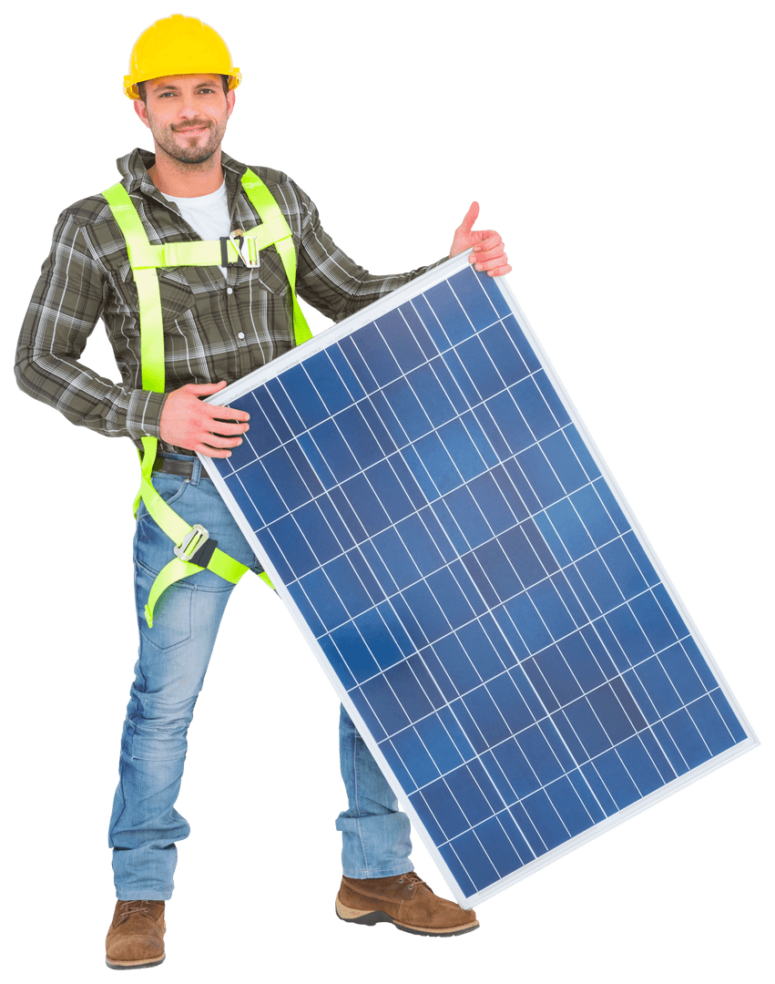 Smiling Technician Holding Solar Panel on Transparent Background