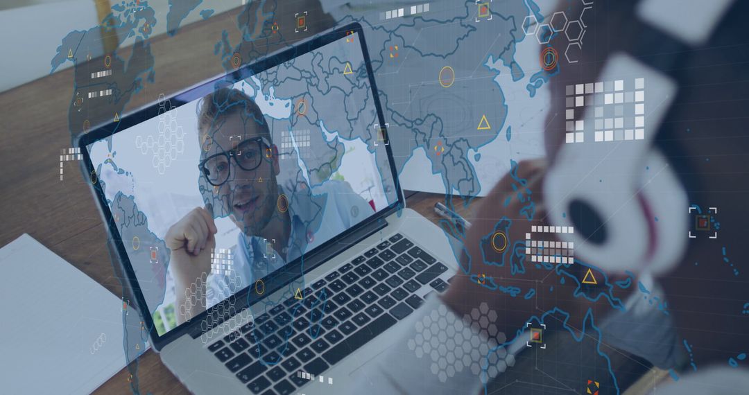 Colleague Having Virtual Meeting on Laptop with Global Network Overlays