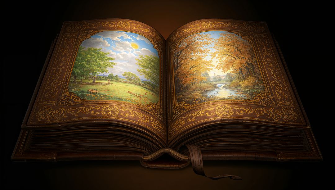 Antique book with vibrant landscape paintings