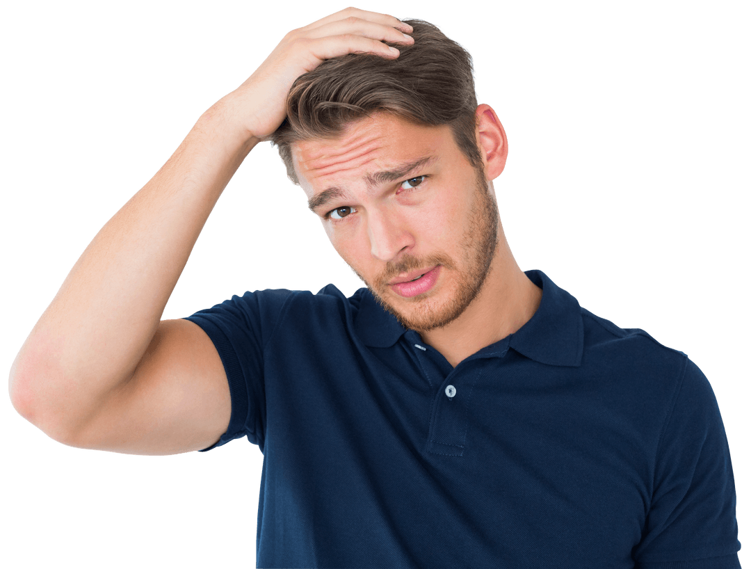 Transparent Background Man Running Hand Through Hair Confused