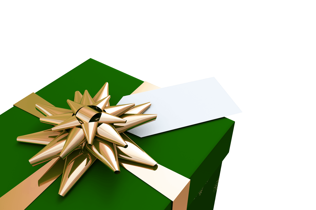 Transparent Gift with Gold Ribbon and Tag on Green Wrapping