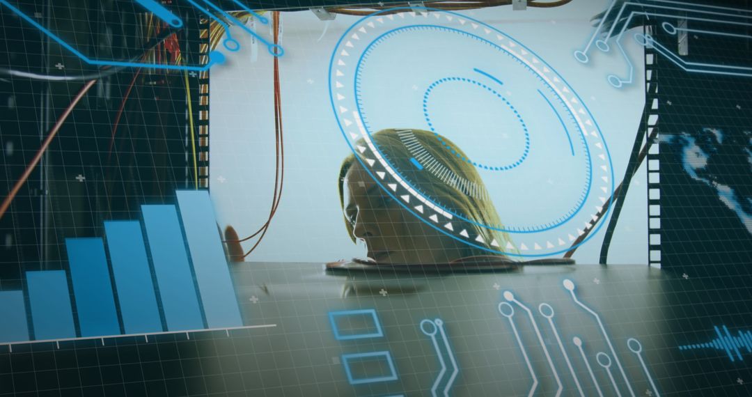 Woman Inspecting Servers with Digital Data Overlay