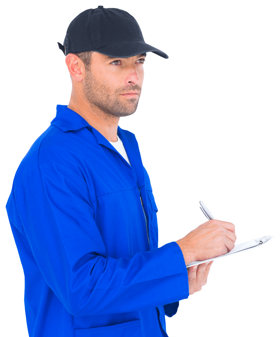 Transparent background mechanic wearing blue overalls holding clipboard - Download Free Stock Images Pikwizard.com