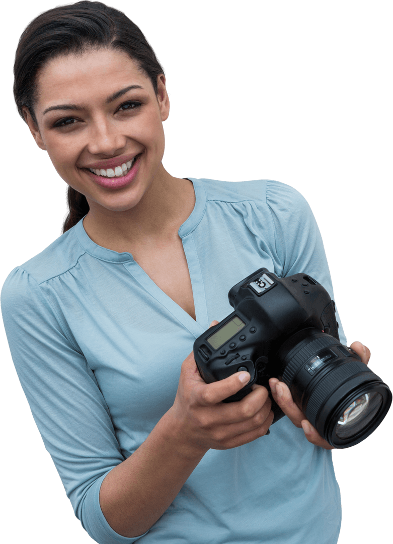 Smiling Woman Holding Digital Camera on Transparent Background