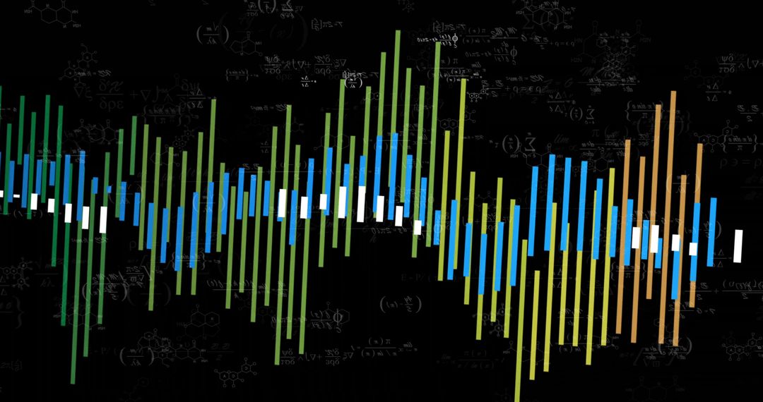 Futuristic multicolor vertical waveform bars with faint scientific equations and molecules
