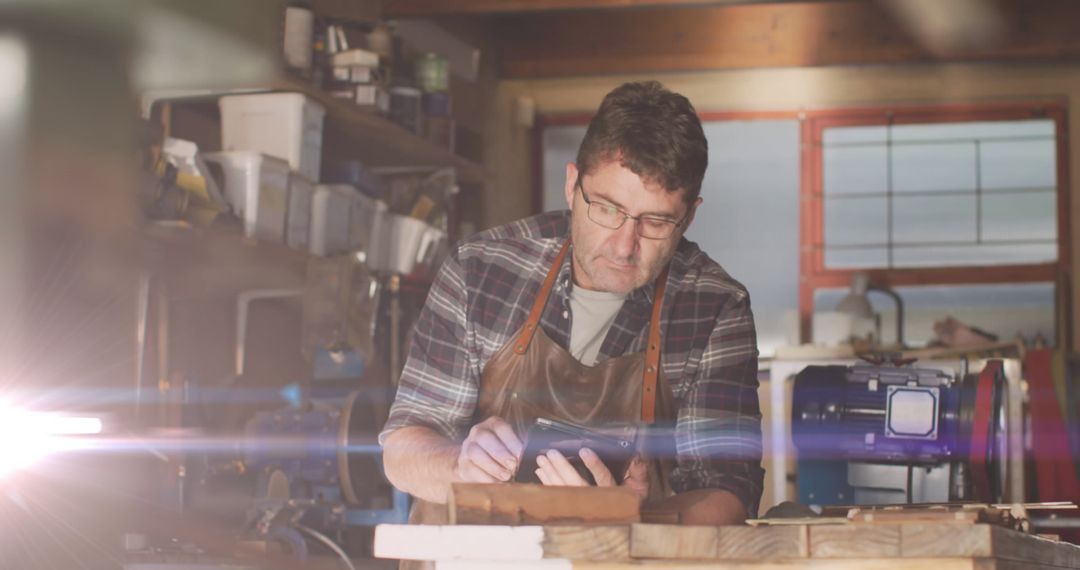 Craftsman Using Tablet in Sunlit Workshop