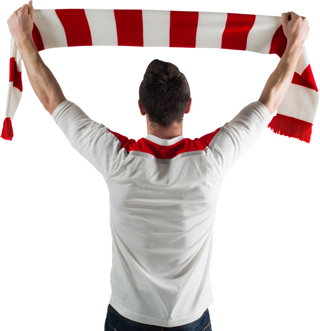 Back View of Male Sports Fan Waving Red White Scarf Transparent - Download Free Stock Images Pikwizard.com