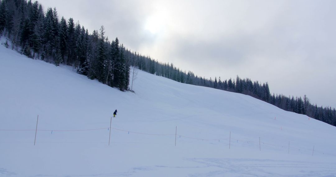 Solitary figure skiing down snowy slope in overcast weather - Free Images, Stock Photos and Pictures on Pikwizard.com