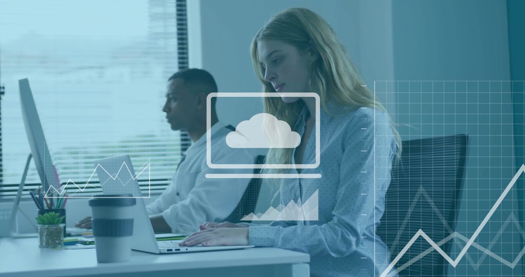 Diverse Colleagues Using Laptops with Digital Data Overlay