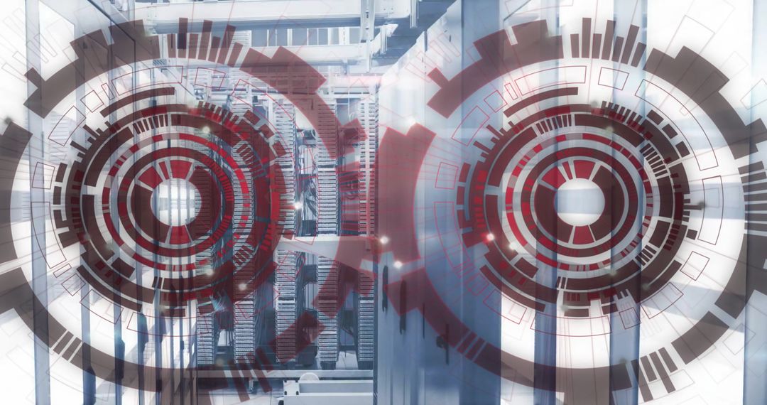 Futuristic Data Processing Overlays on Server Room