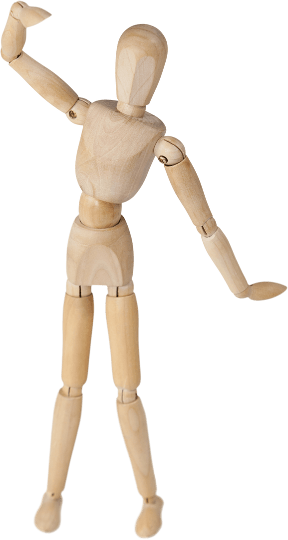 Poseable Wooden Figurine with Raised Arm on Transparent Background