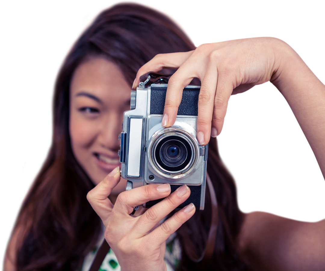 Smiling Asian Woman Taking Photograph with Vintage Camera on Transparent Background - Download Free Stock Images Pikwizard.com