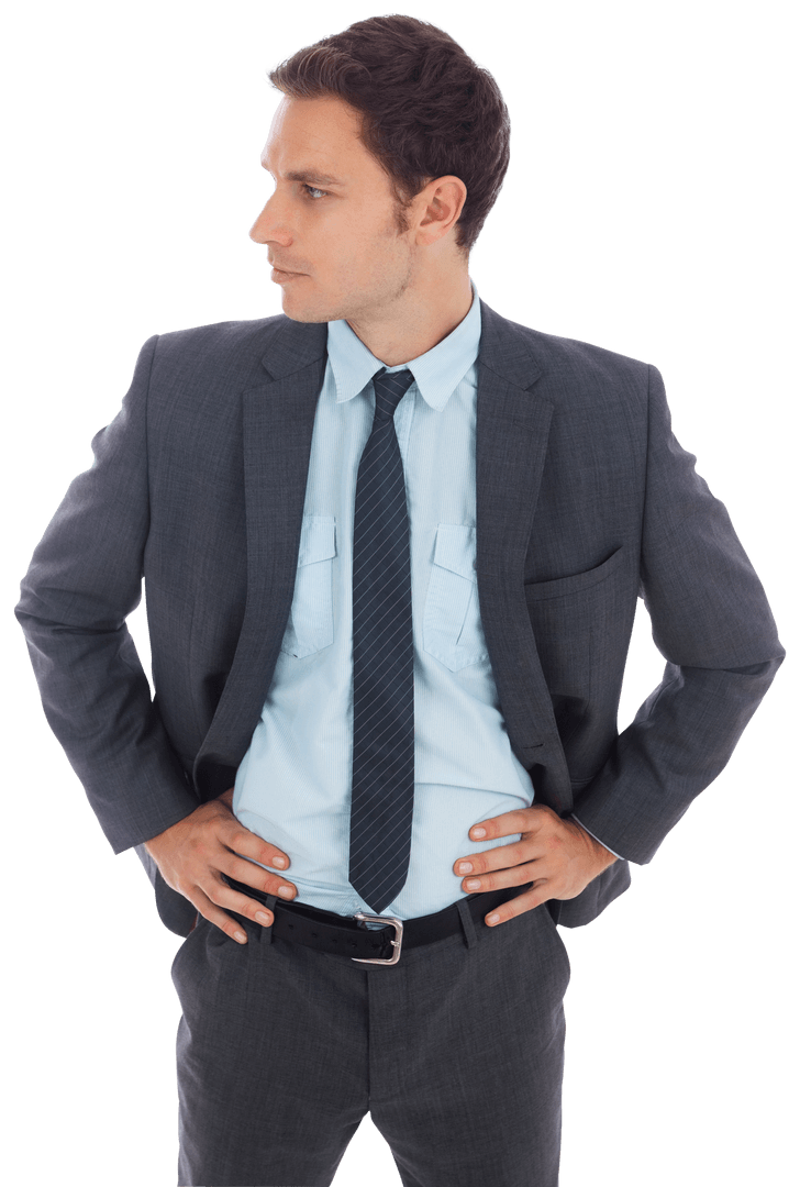 Transparent Businessman Standing Confidently with Hands on Hips