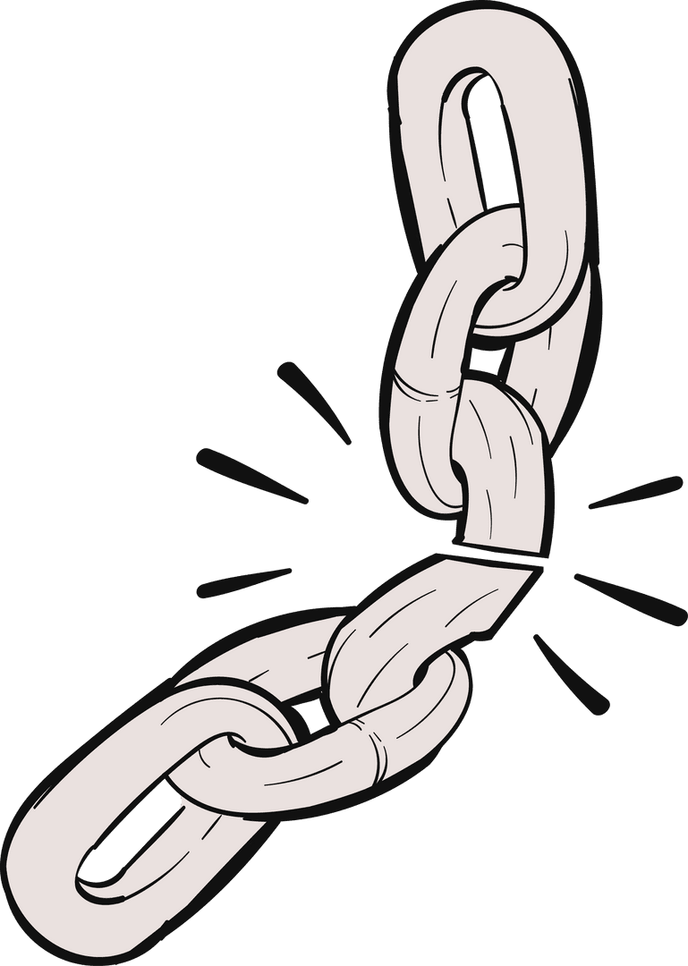 Broken metal chain link on transparent background symbolizing weakness