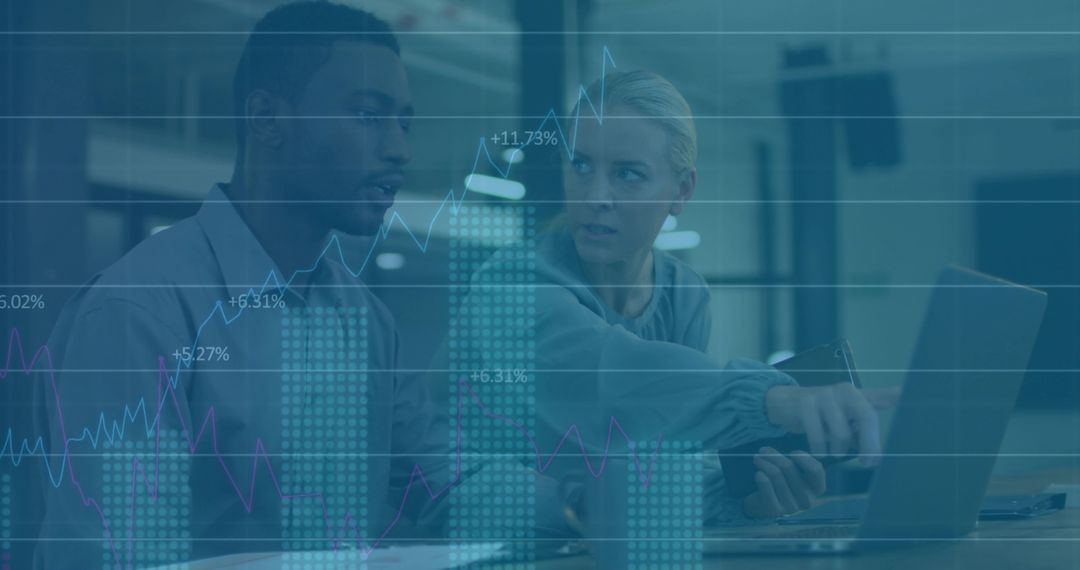 Team Analyzing Business Data with Digital Graph Overlay