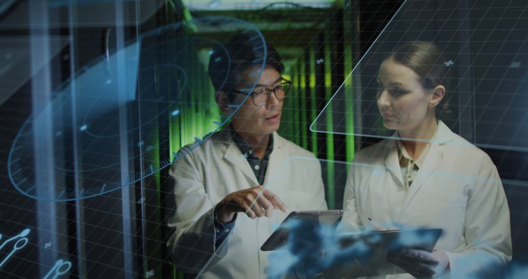 Technicians Analyzing Data on Digital Interface in Server Room