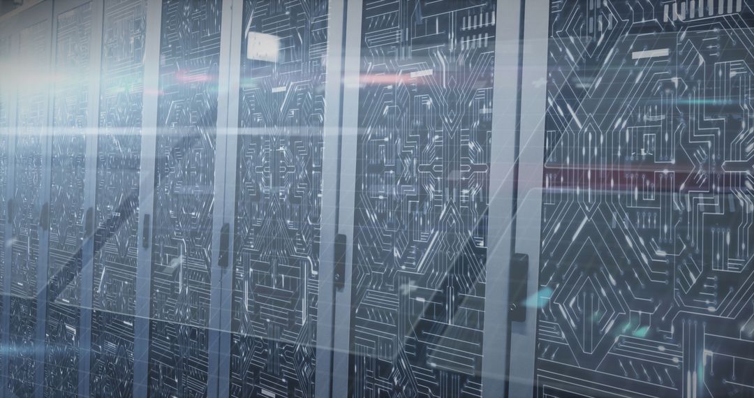 Futuristic Data Center with Digital Interface Overlay