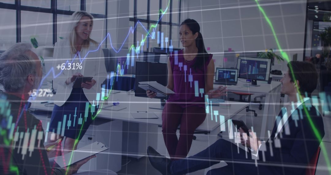 Financial Technology Team Discussing Projects in Modern Office