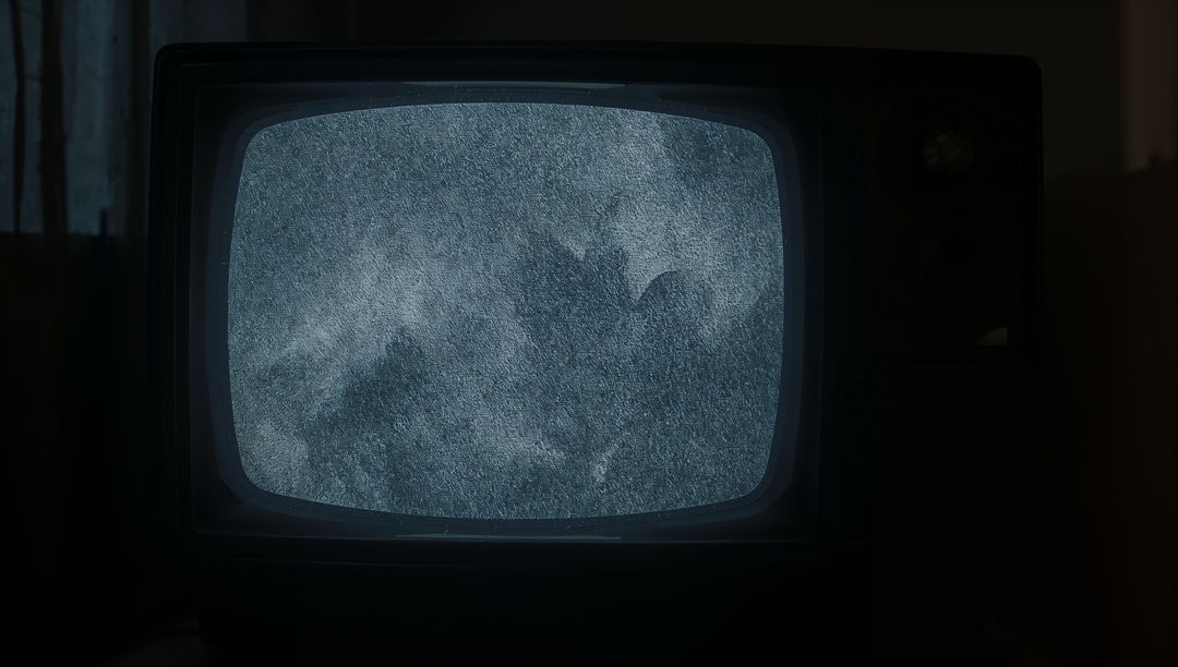 Displaying static on vintage CRT TV in dim living room, nostalgic grainy monochrome