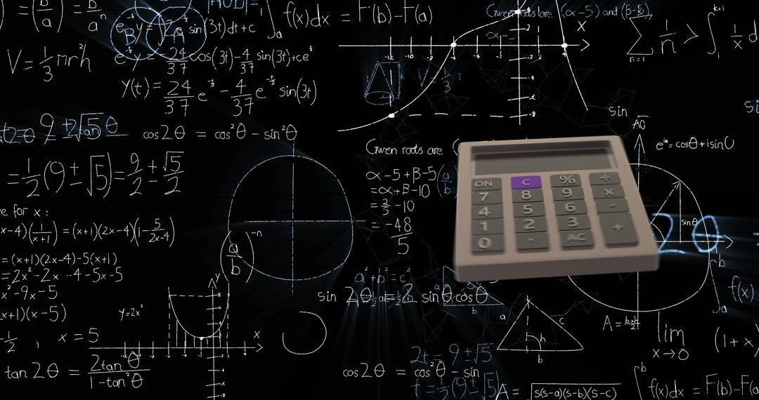 Floating Calculator with Intricate Mathematical Equations on Blackboard