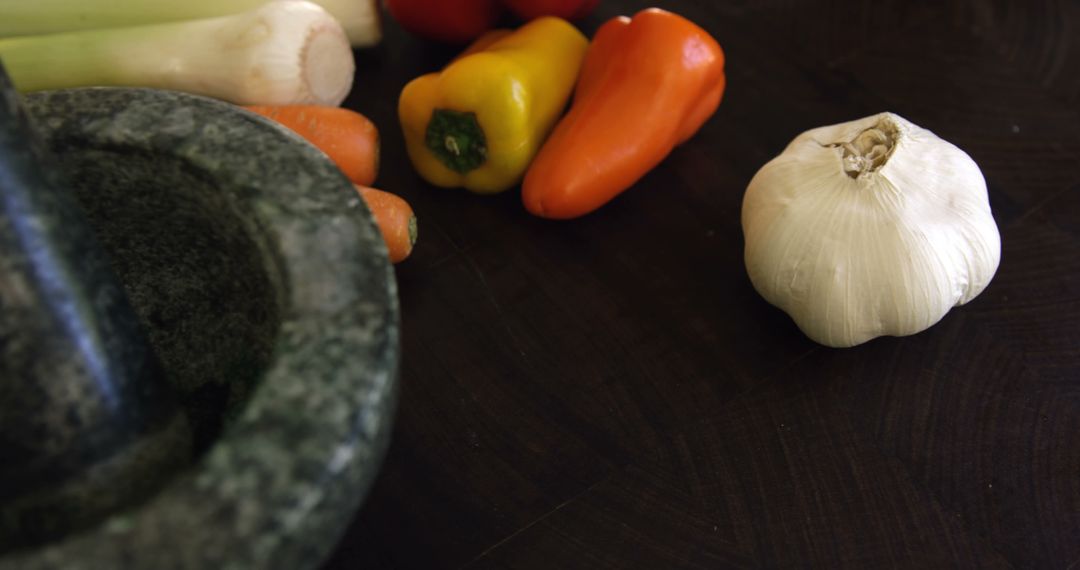 Fresh Vegetables with Mortar and Pestle on Wooden Table - Free Images, Stock Photos and Pictures on Pikwizard.com