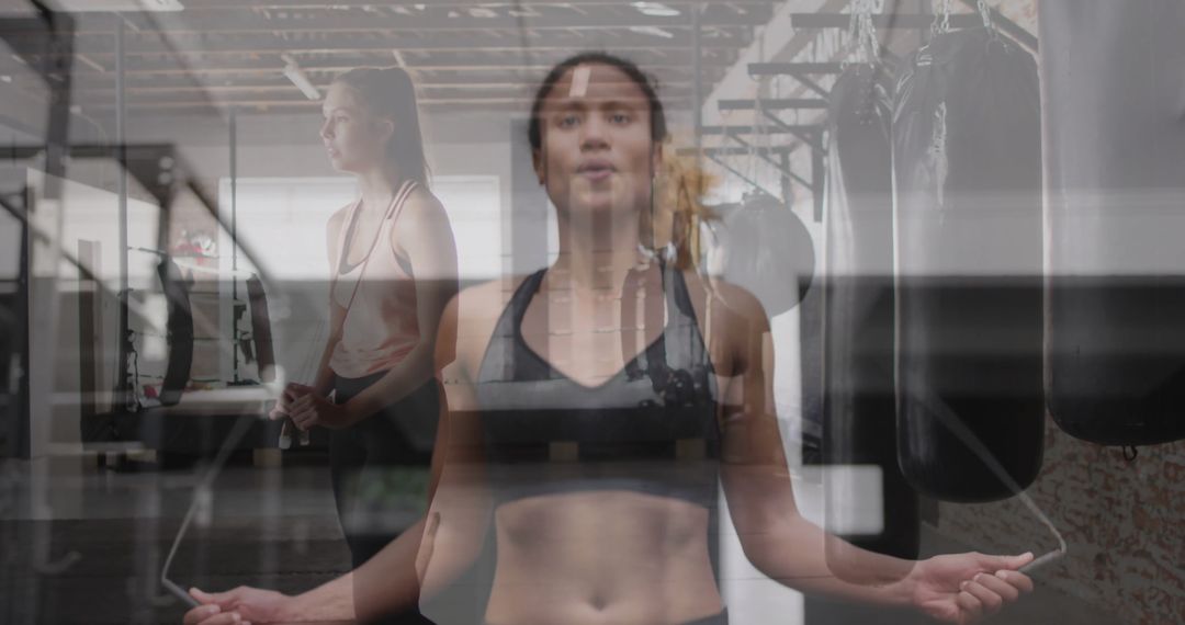Determined Women Exercising with Jump Rope in Modern Gym
