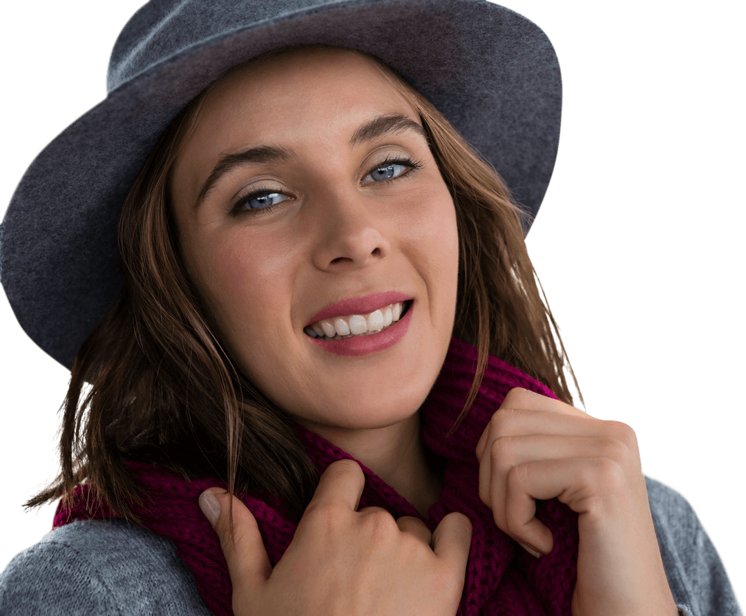 Smiling Woman in Casual Hat Showing Bright Personality Against Transparent Background