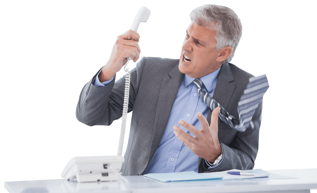 Irritated Businessman Expressing Anger Holding Telephone on Transparent Background