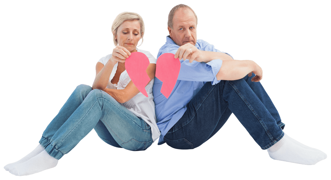Transparent Image of Mature Couple Holding Broken Heart Symbol