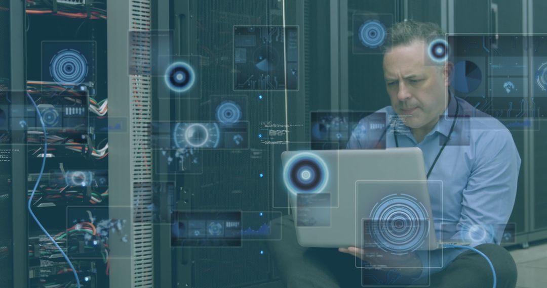 Technician Analyzing Data with Digital Interfaces in Server Room
