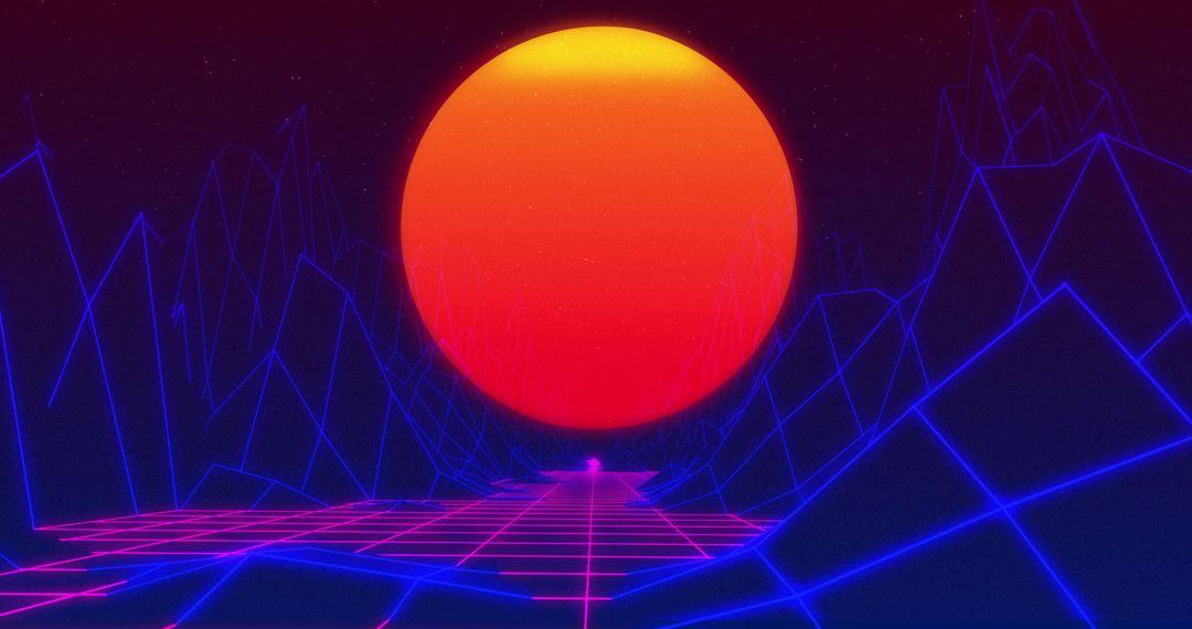 Retro Futuristic Digital Landscape with Glowing Sun