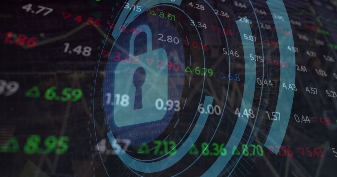 Cybersecurity Concept with Digital Lock and Market Data Overlay