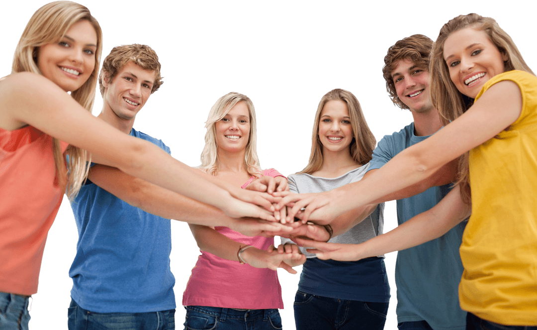 Group of Friends Celebrating Unity with Hands Stacked Transparent Background
