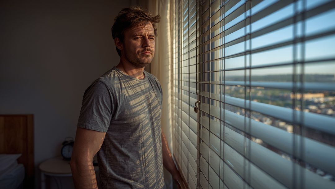 Reflective Man Gazing Out Skylit Window at Dawn with Modern Ambiance