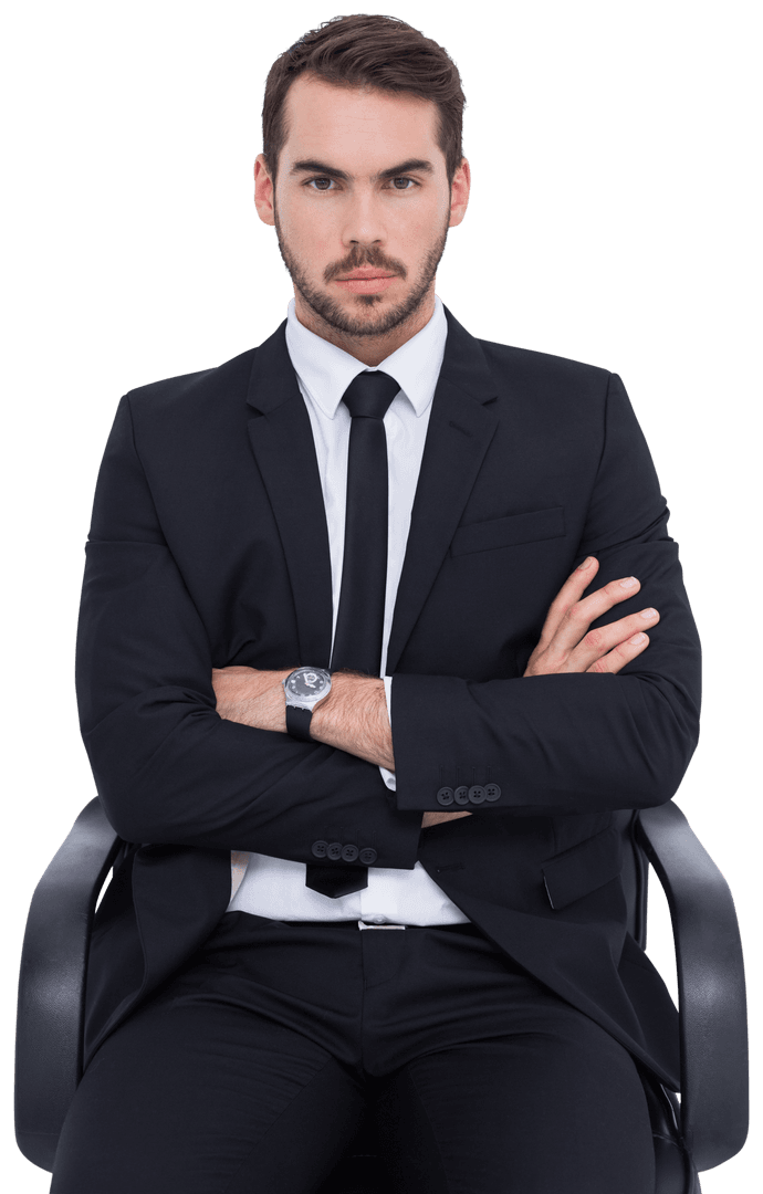 Serious Businessman Sitting with Arms Crossed on Transparent Background