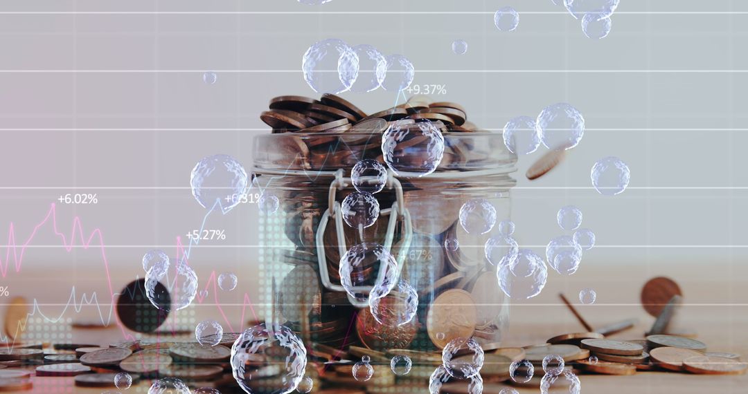 Coins Overflowing Glass Jar with Growth Graph Overlay