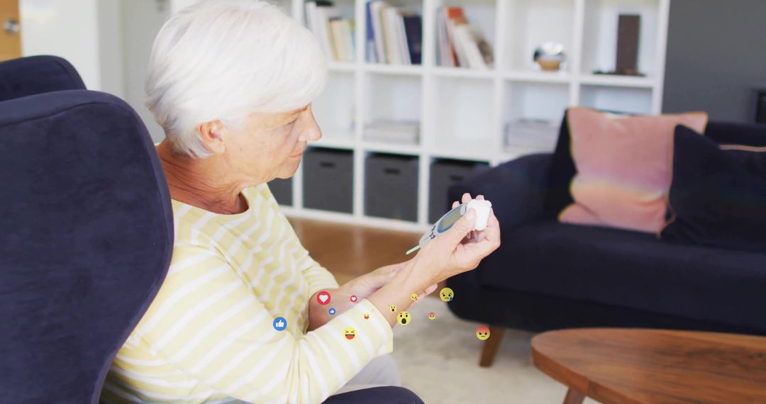Senior Woman Monitoring Blood Sugar with Glucose Meter in Cozy Home