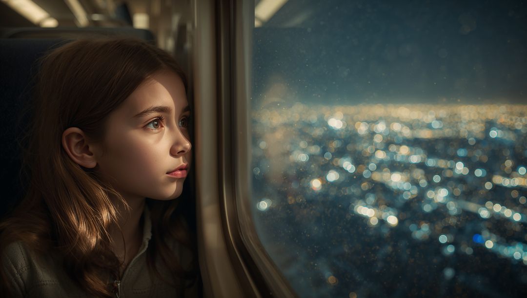 Child Gazing Out Airplane Window at Night Over City Lights
