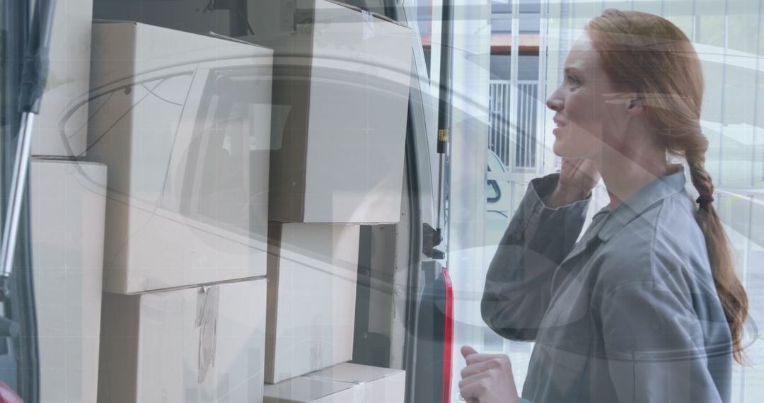 Courier Using Smartphone with Packages and Financial Charts Overlay